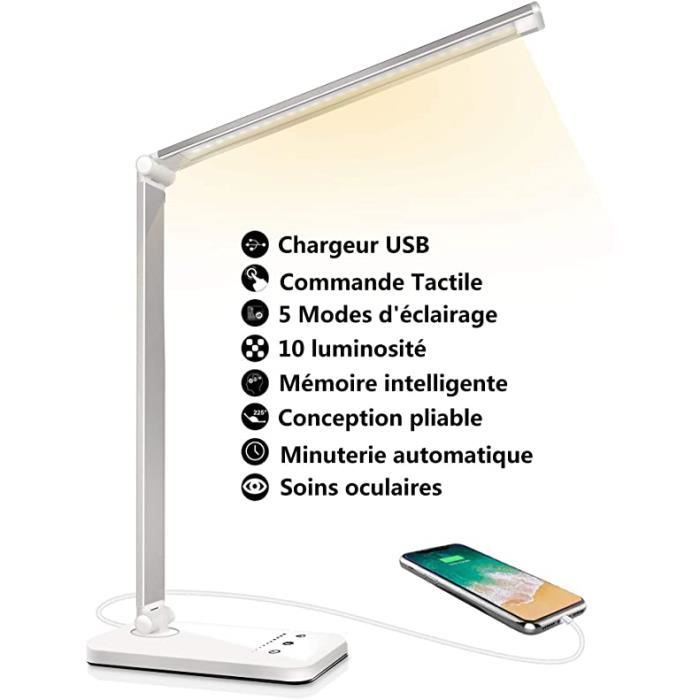 Lampes de Bureau Dimmable 5 Modes de Couleur 10 Niveaux de Luminosité Protection des Yeux,Flexible Contrôle Tactile,Avec Port USB et Fonction Minuterie Pliable//Rotative Lampe de Bureau LED