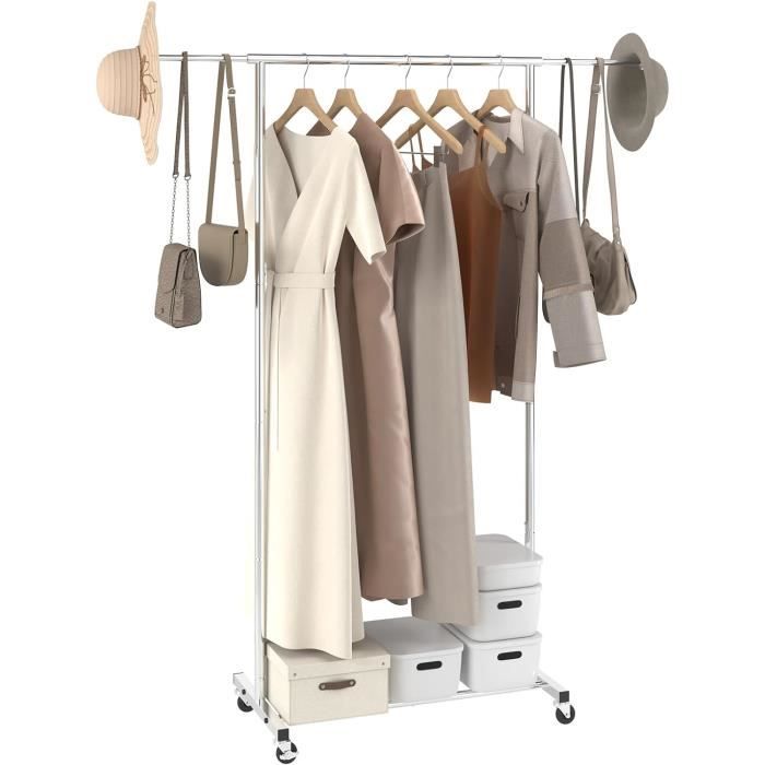 Porte-Vêtements Mobile Avec Roulettes Drumm - Hauteur Réglable 90-158cm - Avec Étages à Chaussures - Pour Entrée Ou Chambre
