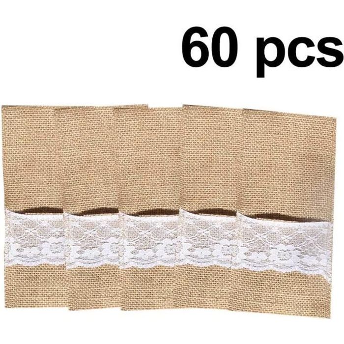 Porte-ustensiles - Lot de 60 - Toile de jute - Dentelle - Mariage vintage