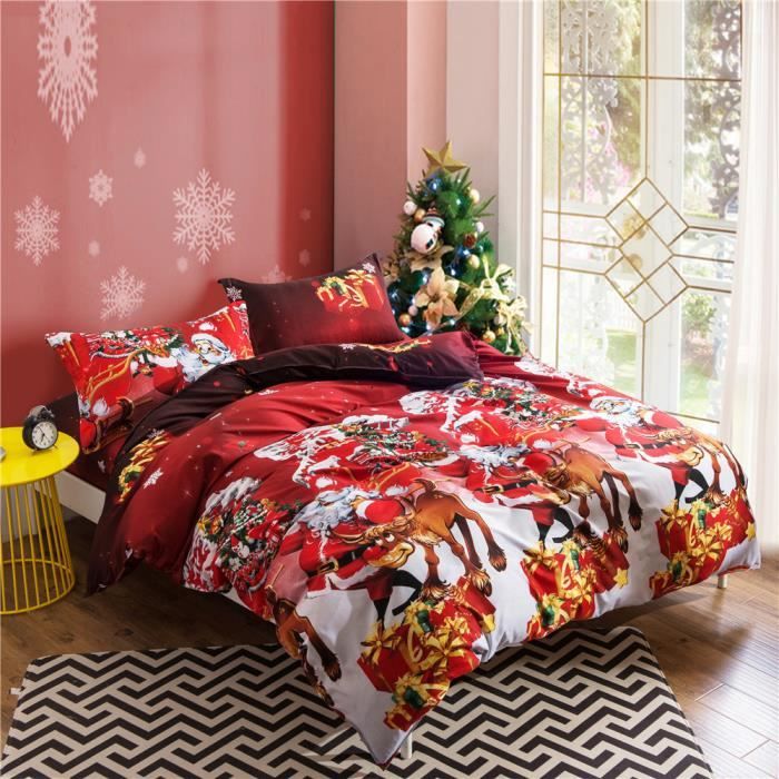 4PCS Parure de Lit Housse de Couette 200x230cm 3D Impression Père Noël
