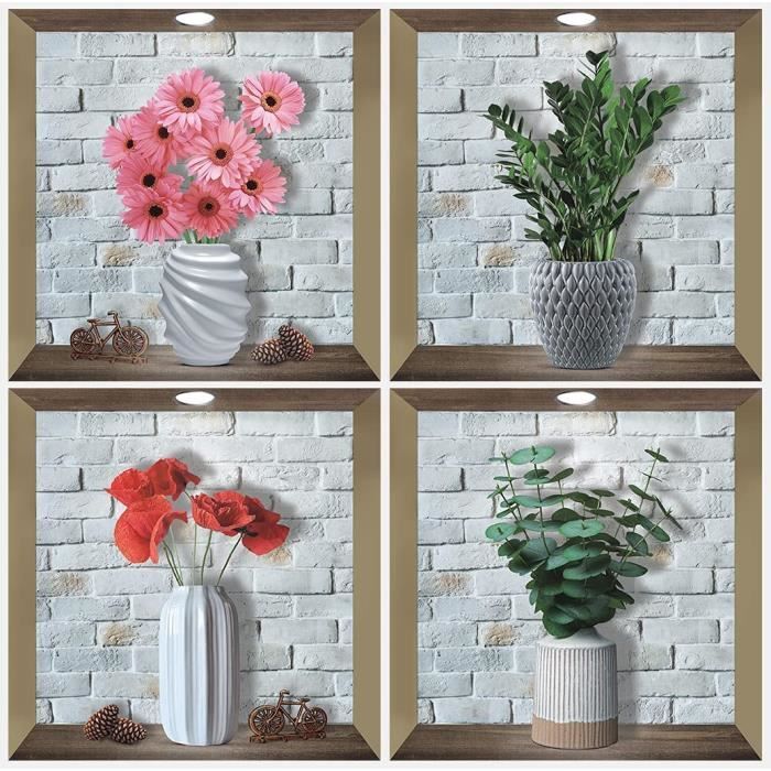 4 Pcs Stickers Muraux 3D Vase,Autocollant Muraux de Plante 3D