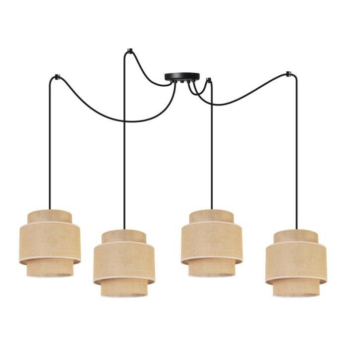 Light-Home Boho Spider Abat Jour Suspension Luminaire Lustre - Moderne Plafond - E27 - À 4 Lumières - Noir Base et Jute