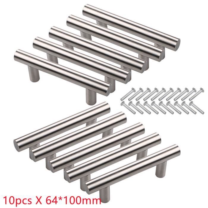 Diday Poignée de meuble Barre en T 10pcs 64*100mm Argent en Acier inoxydable pour porte armoire bibliothèque tiroir