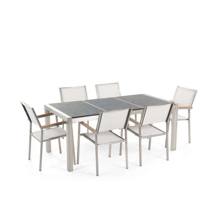 Beliani - Table de jardin en plateau granit noir flambé 180 cm et 6 chaises blanches GROSSETO