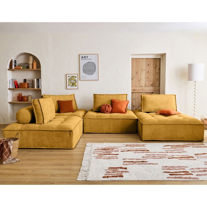 Marisol - canapé panoramique modulable 7 places - velours texturé - Jaune