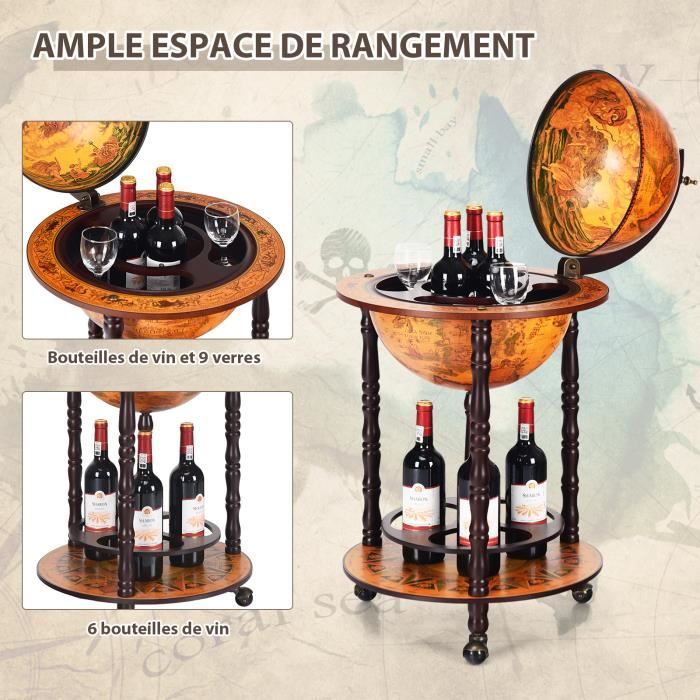 Globe Terrestre Bar Roulant En Bois D'eucalyptus - Mappemonde Vintage Avec Porte-bouteilles - 7