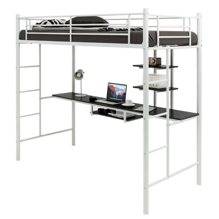 COSTWAY Lit Mezzanine en Métal avec Bureau 90 x 190 CM avec 2 Etagères 2 Échelles Garde-Corps sur Toute la Longueur Blanc