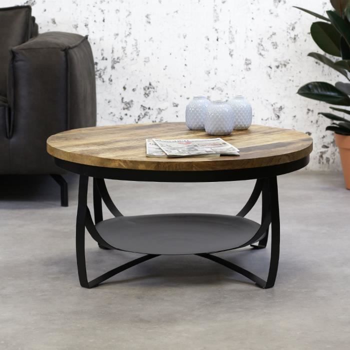 Oxis Table Basse Industrielle Ronde Ø90 cm Bois Massif Cdiscount Maison