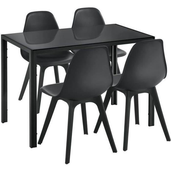 [en.casa] ensemble table et 4 chaises table de salle à manger avec 4 chaises métal bois plastique verre noir 105cm x 60cm x 75cm