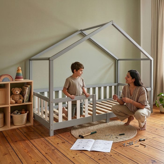 EN.CASA Lit d'Enfant Forme Maison avec Grille de Protection Treviolo 200 x 90 cm Gris Clair Blanc Mat Laqu&eacute;