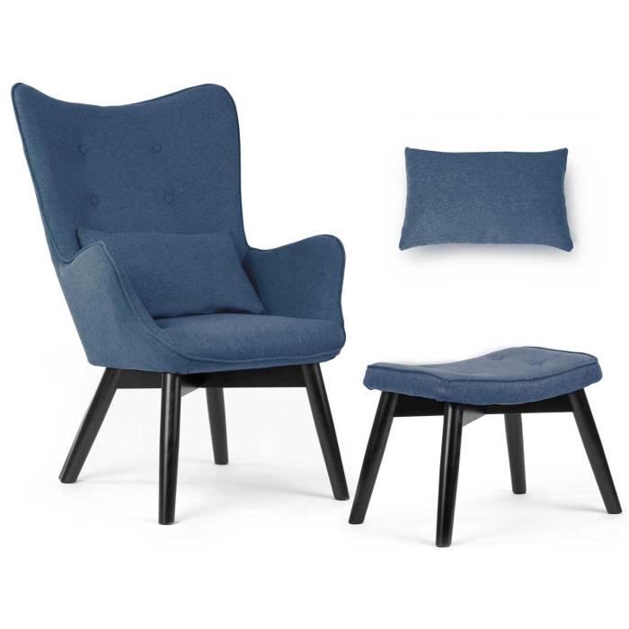 Fauteuil à oreilles avec repose-pieds - JANSPORT - Bleu - Style scandinave - Confortable - Oreiller inclus