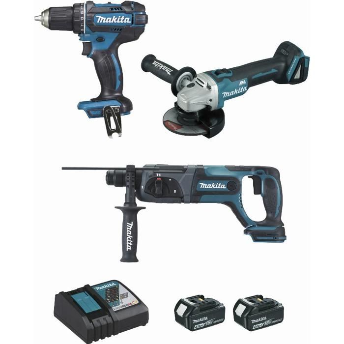 Pack électroportatif 3 machines 18 V + 2 batteries 4Ah + chargeur + coffrets MAKPAC - MAKITA - DLX3078MJ