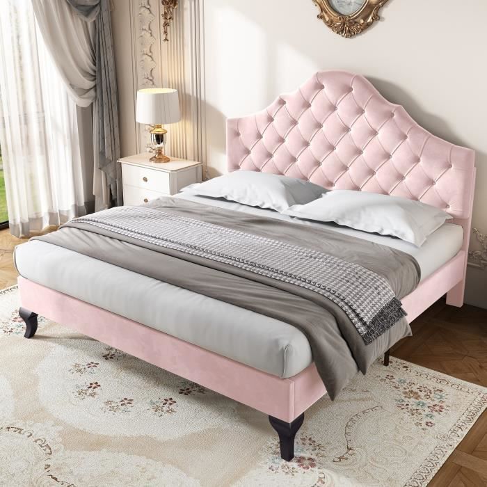 Lit capitonné simple 90 x 200 cm en velour rose, Tête de lit réglable,  Sommier à lattes en bois, pour fille, Rose - Cdiscount Maison