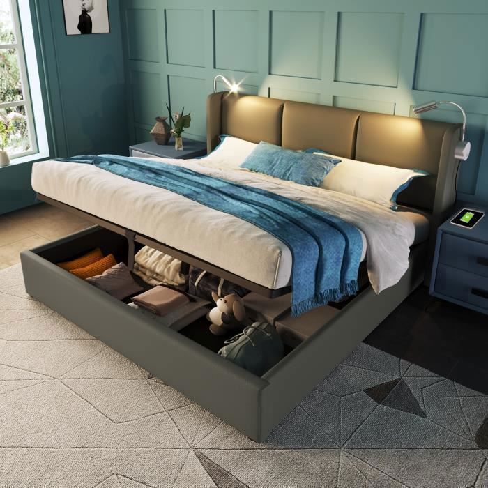 Lit Coffre Double 140x200 cm en Simili Cuir Gris – Tête de Lit avec Lampe de Lecture et Port USB Sommier Relevable