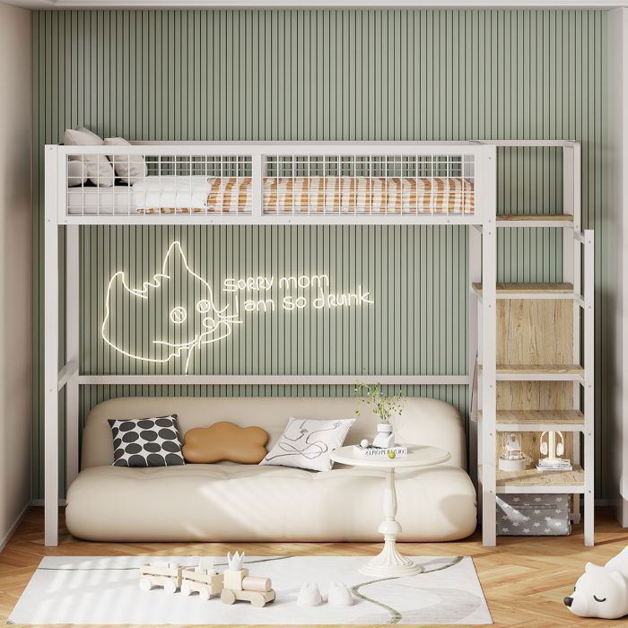 Lit mezzanine - ModernLuxe - 90x200 cm - Armoire incluse - Escalier - Métal blanc Lit mezzanine - ModernLuxe - 90x200 cm - Armoire incluse - Escalier - Métal blanc
