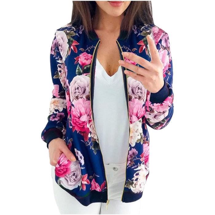 Veste Sport Femme Chic et Elegant Blouson Moto Femme Pas Cher Printemps  Automne Fleur Imprim Lger Casual VESTE VAREUSE BLEU A