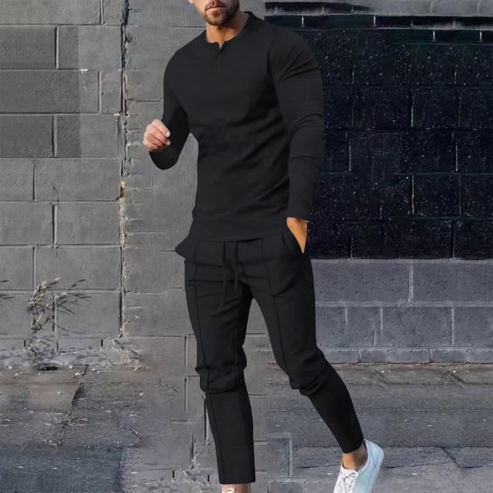 Ensemble Homme Sasaquoy Nouveau costume decontracte de couleur unie costume de sport a manches longues et sans capuchon Noir