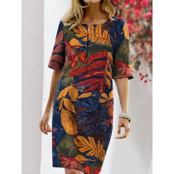 YOINS Femme Mini Robe Été Petite Robe Mi-Longue Manches Robe Chemise Casual Col Rond Decontractee