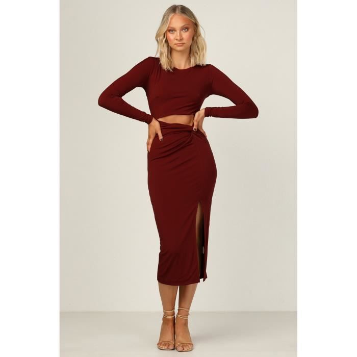 Robe moulante femme GOGUQ torsion devant fendue manches longues Rouge Cdiscount Pret a Porter