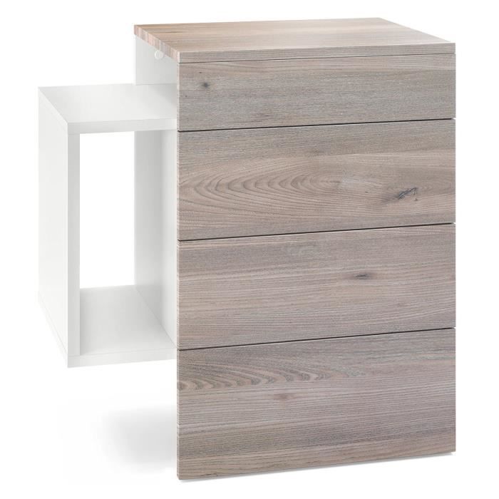 table de chevet - mpc - blanc mat et aspect chêne nordique - 2 tiroirs - adulte