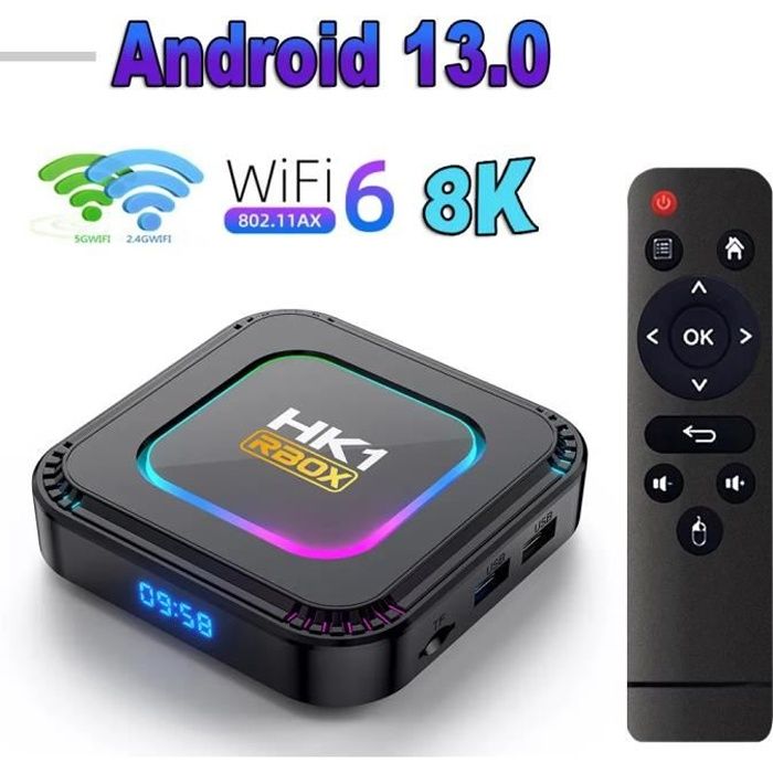 Boitier iptv intelligent HK1 RBOX-K8 Android 13 8K lumière RVB 4 go 32go  Rk3528 wi-fi 6 double Wifi multimédia Netflix  - Cdiscount TV Son  Photo