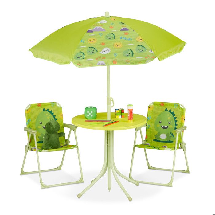 Relaxdays Ensemble sièges enfants Camping motif Monstre avec parasol chaises pliantes et table jardin vert