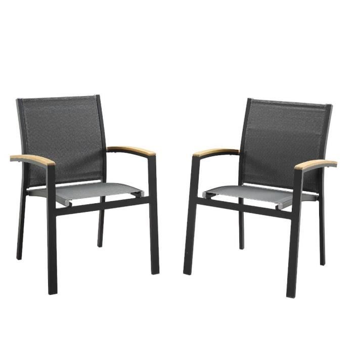 fauteuils de jardin empilables en aluminium et textilène - anthracite et accoudoirs acacia - taipivai