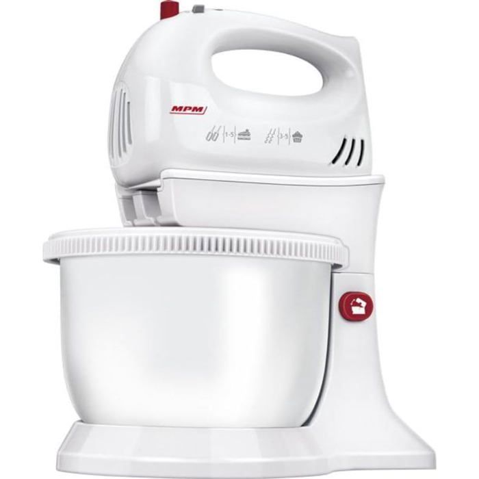MPM MMR-20Z Mélangeur à Pâtisserie avec Bol Rotative 3L, sans BPA, Robot Pâtissier Boulangerie Cuisine, 5 Vitesses + Turbo, Tiges et Crochet Pétrisseur en Acier Inoxydable, Blanc, 750W