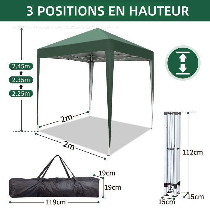 Tonnelle De Jardin Pliante GOPLUS 2x2 M - Hauteur Réglable 220/230/240 Cm, Toile Oxford Argentée - Avec Piquets Et Cordes, Sac De Transport