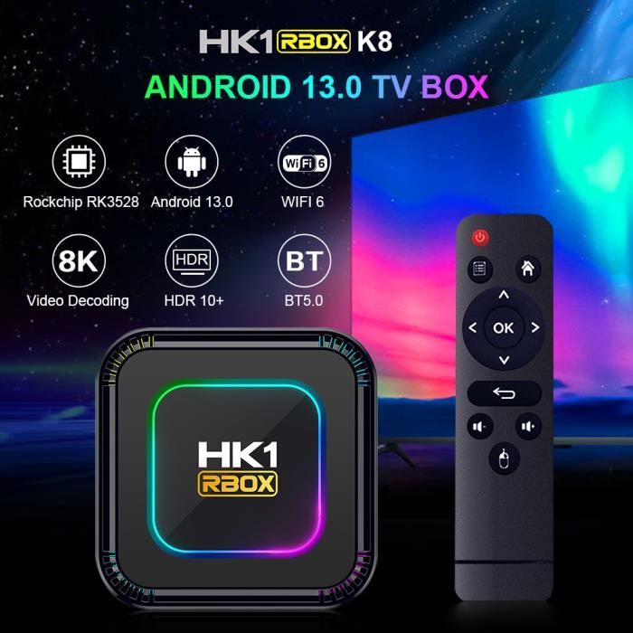 Boitier iptv intelligent HK1 RBOX-K8 Android 13 8K lumière RVB 4 go 32go  Rk3528 wi-fi 6 double Wifi multimédia Netflix  - Cdiscount TV Son  Photo