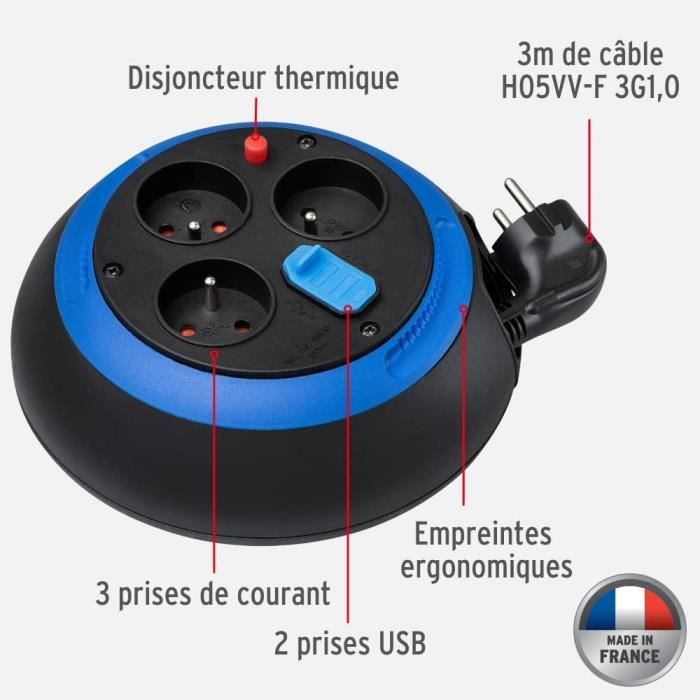 Enrouleur Câble Brennenstuhl Design-Box - 3 Prises + 2 USB - 3m - Disjoncteur Thermique - Fabriqué En France
