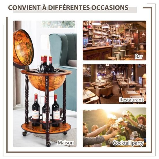 Bar Globe Terrestre Mappemonde En Bois D'eucalyptus - Style Classique 16e Siècle