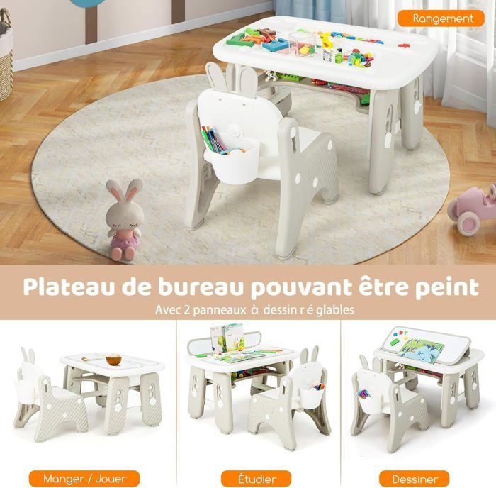 Table D’activités 4-en-1 GOPLUS Pour Enfants – Bois, Avec Banc, Bac à Sable/eau, Rangement, Parasol Réglable (96x75x54 Cm)