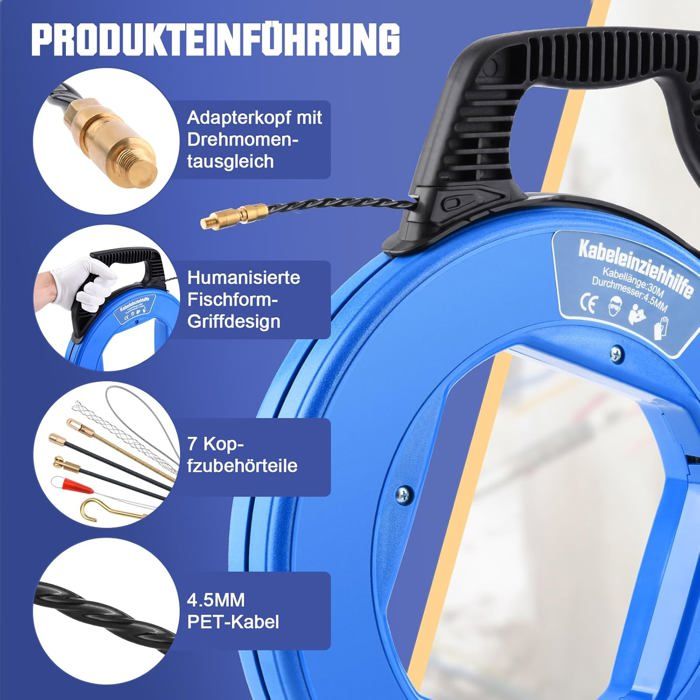Foreverup Tire-Fils Électrique 30M Avec Têtes Flexibles - Enfileur Câble Diamètre 6mm Idéal Électricien