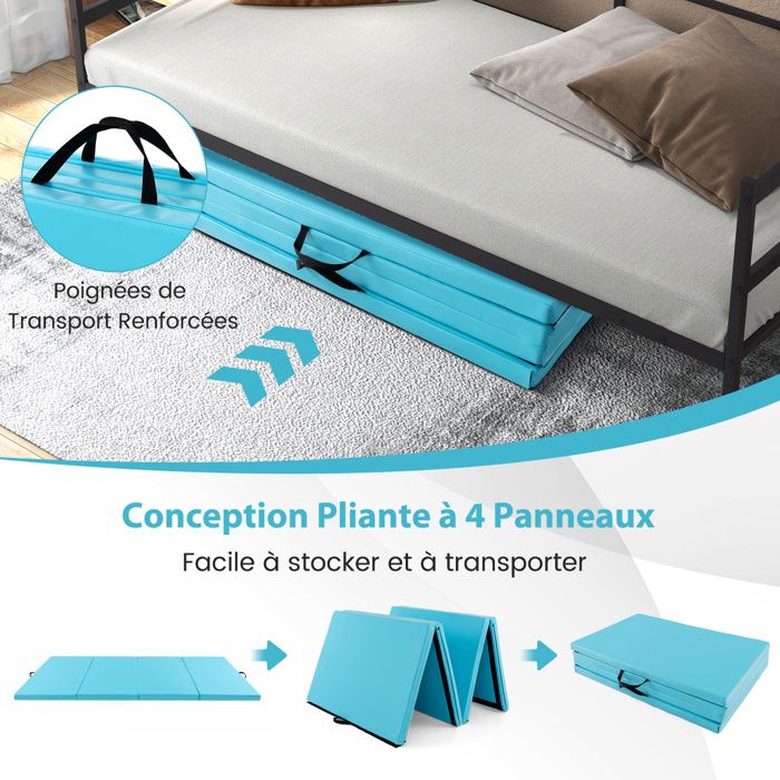 Tapis De Gymnastique Pliable HOMFME – 4 Panneaux, 300x117x5cm, Mousse EPE, Housse PU, Crochets, Poignées