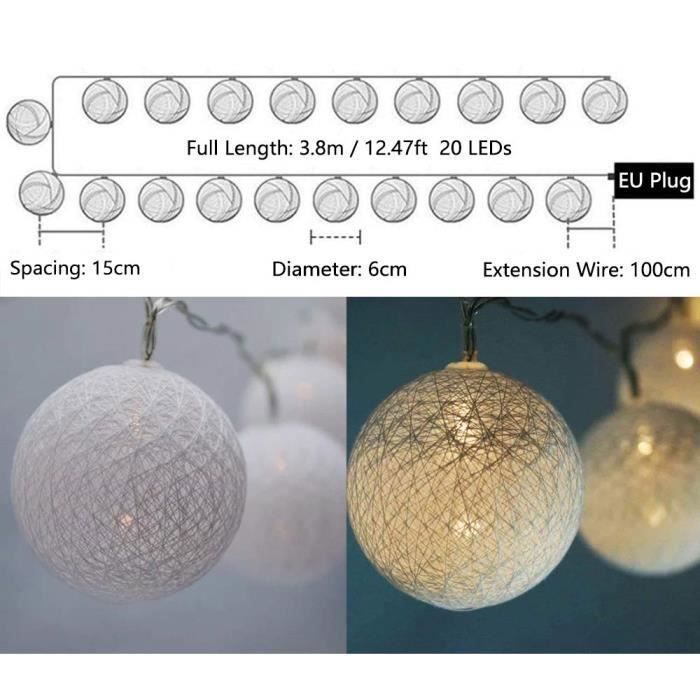 Guirlande Lumineuse Coton Boules,5M 20 Led Chaîne Lumière Avec Prise