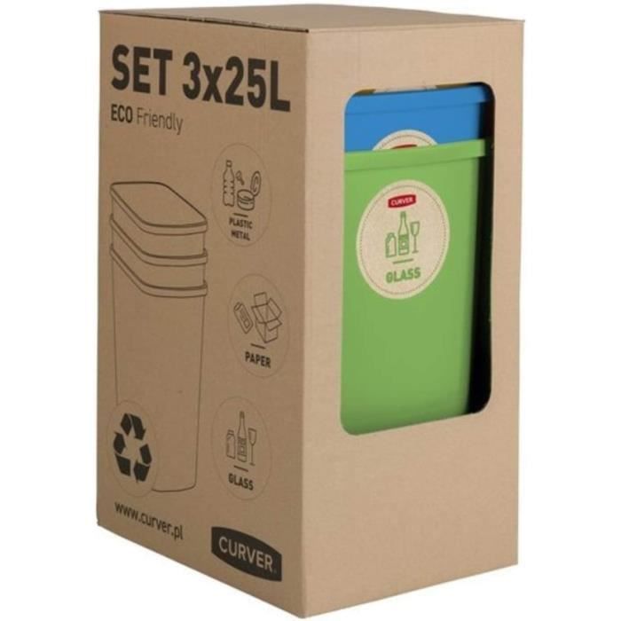 Set De 3 Poubelles De Tri CURVER 10L - Vert, Jaune, Bleu Pour Recyclage