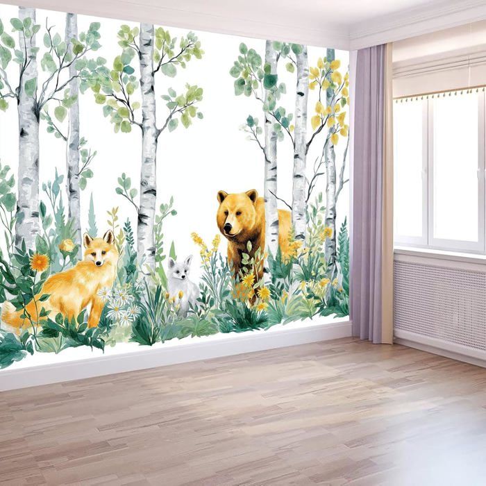 Papier Peint Panoramique Aquarelle Jungle Renard Ours Vert Jaune Mural ...