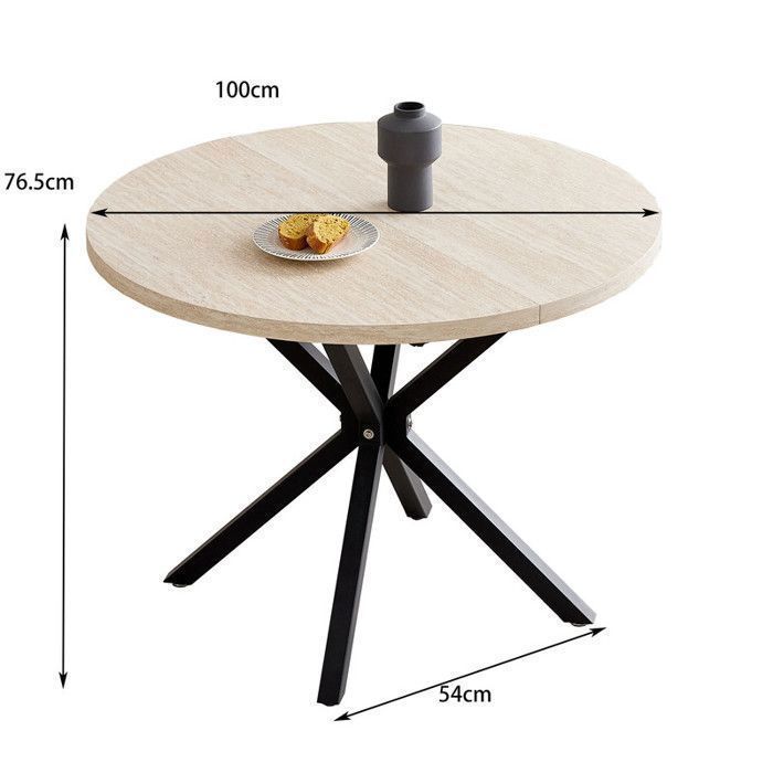 Table à Manger Ronde 120 Cm Imitation Travertin Jaune - Moderne, Pour 4 à 6 Personnes - Base Métal & Plateau Épais 1,8 Cm