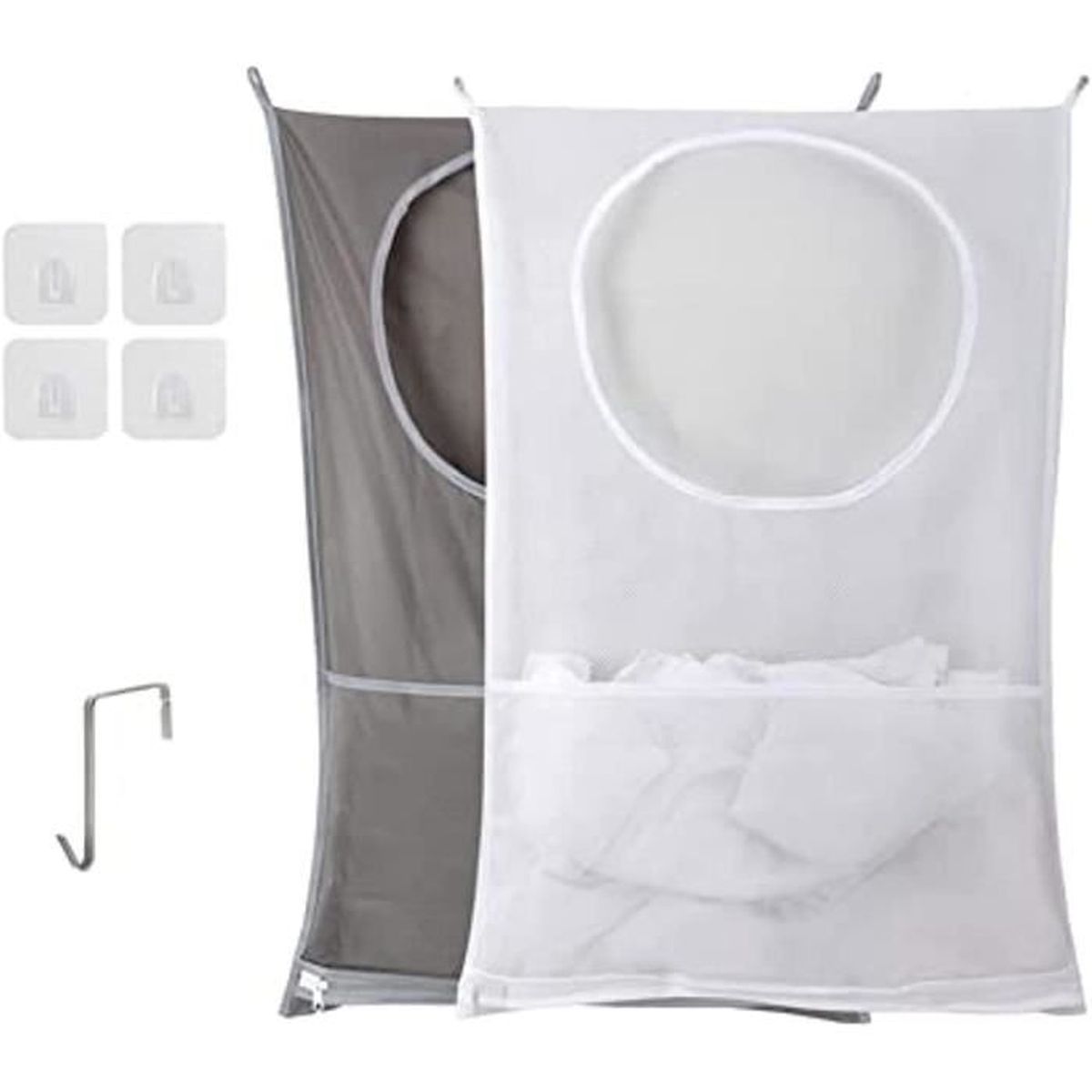 Flintronic 2PCS Sac à Linge Suspendu - Panier Porte Avec Crochets Acier Et Aspiration - Gris