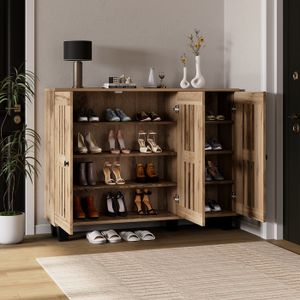 Buffet de Rangement 3 Portes, 8 Compartiments et Plateau Spacieux - Panneau de Particules - 120x32x92 cm - Bois Naturel et Noir - Maison