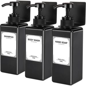 DISTRIBUTEUR DE SAVON Lot de 3 distributeurs de savon mural - Noir - Sans perçage - Bouteilles de shampooing à remplir avec 6 étiquettes étanches.[Y1882]