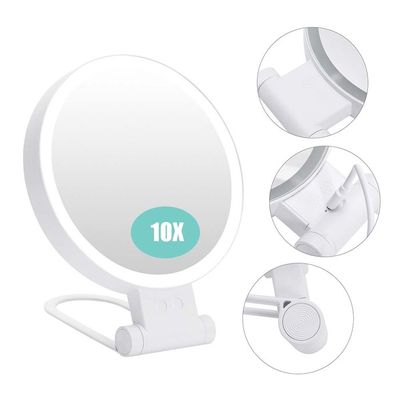 Miroir Maquillage LED Double Face 10X Grossissant - Pliable - USB - Blanc - 17,5x28,5 Cm