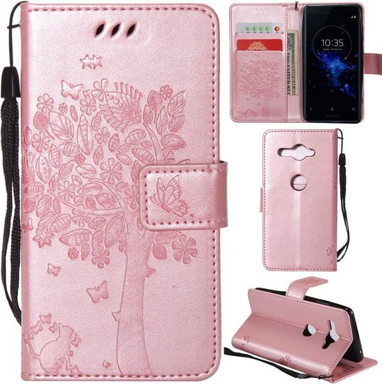 Étui Portefeuille En Cuir PU Pour Sony Xperia Z3 Plus - Imprimé Fleurs Pourpre/Crème