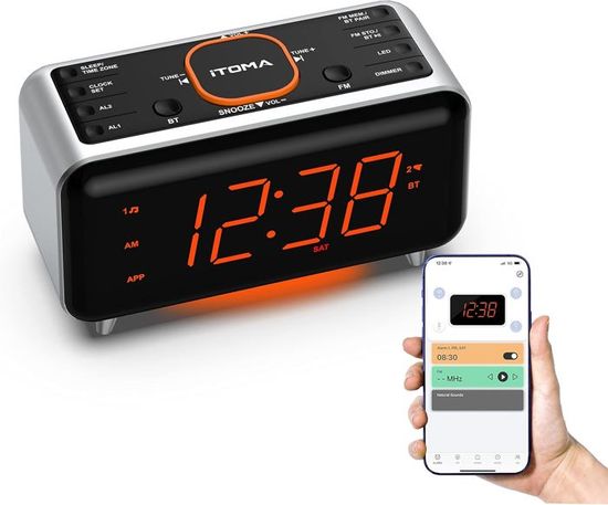 Réveil Radio ITOMA 208 Avec Bluetooth, Contrôle App, Double Alarme, Veilleuse Orange - Parfait Pour Chambre