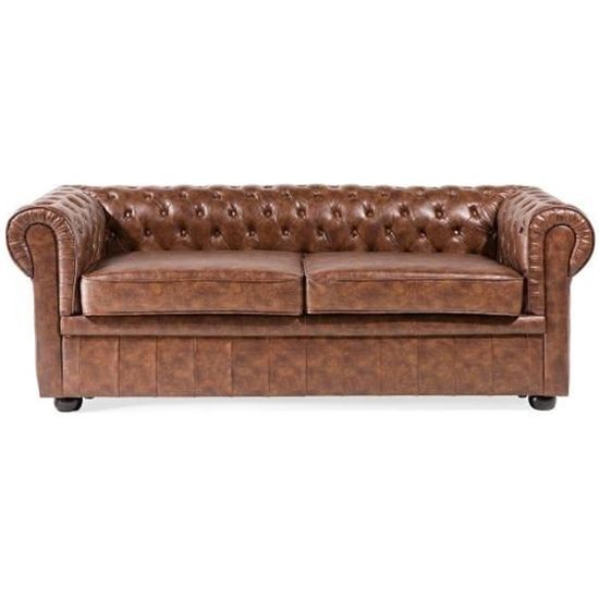 beliani canape 2 a 3 places en simili cuir marron vintage chesterfield cdiscount maison