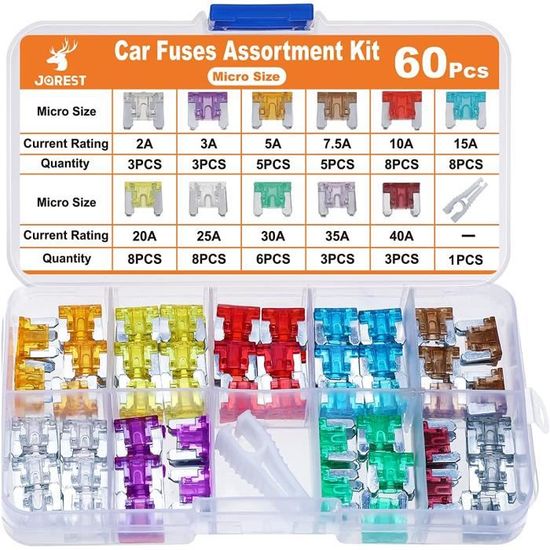 JOREST Kit de fusibles de voiture 180 pièces - Kit d'assortiment de fusibles  de rechange pour voiture/RV/camion/moto (2 A 3 A 5 A 7,5 A 10 A 15 A 20 A 