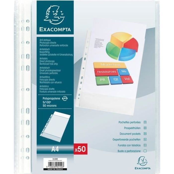 Stock Bureau - EXACOMPTA Sachet de 5 pochettes-enveloppes perforées  polypropylène - A4 - Incolore