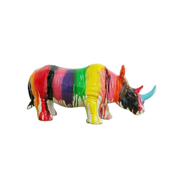 Rhinocéros statue décorative - laquée jets de peintures multicolores avec corne bleue - objet design moderne