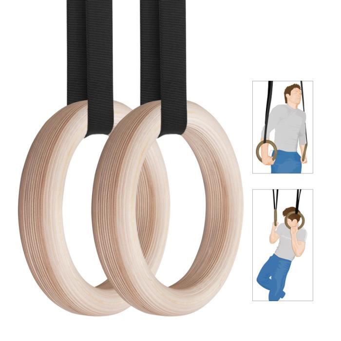 Anneaux de gymnastique en bois de 28 mm - 32 mm Anneaux de gymnastique avec sangle réglable longue de 4,5 m pour la musculation -98